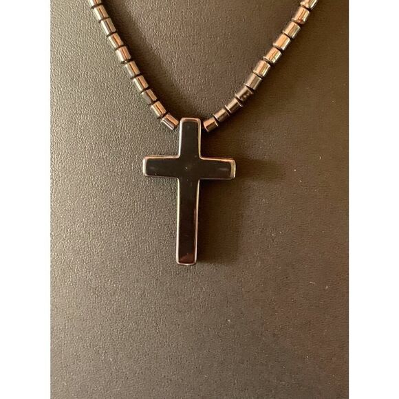 Vintage Hematite Cross pendant w/Beads, Gold, Unstamped - Picture 2 of 3